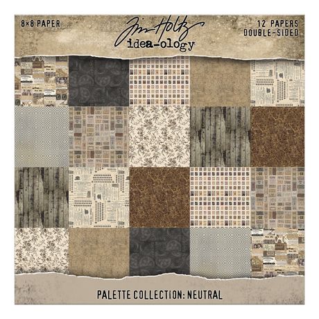 Collection of 12 double-sided papers with neutral color palette, brand 'Tim Holtz Idea-ology' visible.