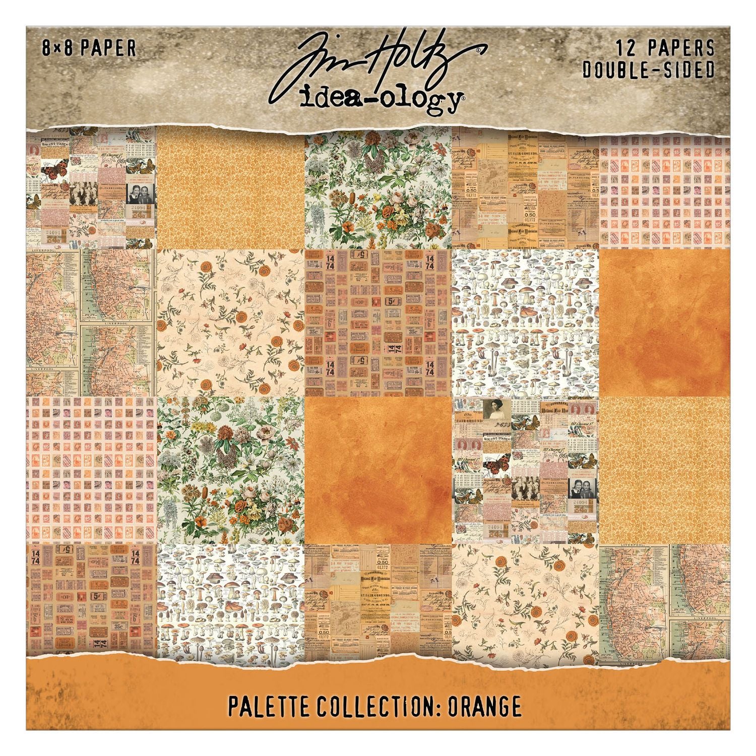 Packaging of Tim Holtz Idea-ology paper pad with various orange-themed patterns.
