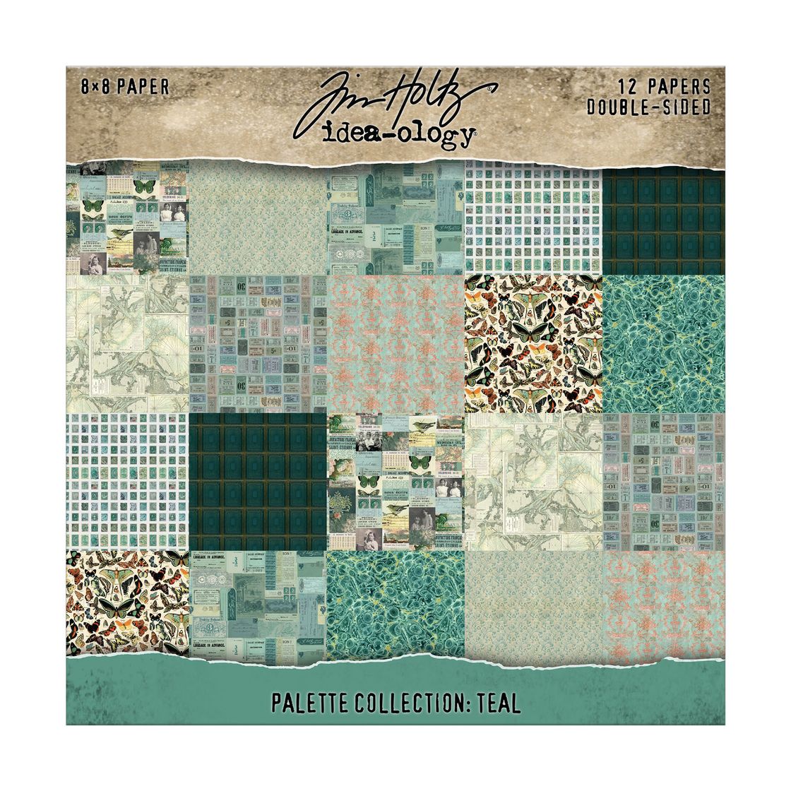 Packaging of Tim Holtz Idea-ology Palette Collection Teal with patterned papers.