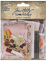 A packaged craft paper set from Tim Holtz Ideaology, featuring vintage-style paper sheets with illustrations of a teacup, roses, and retro designs, sealed in a clear plastic bag with a cardboard header.