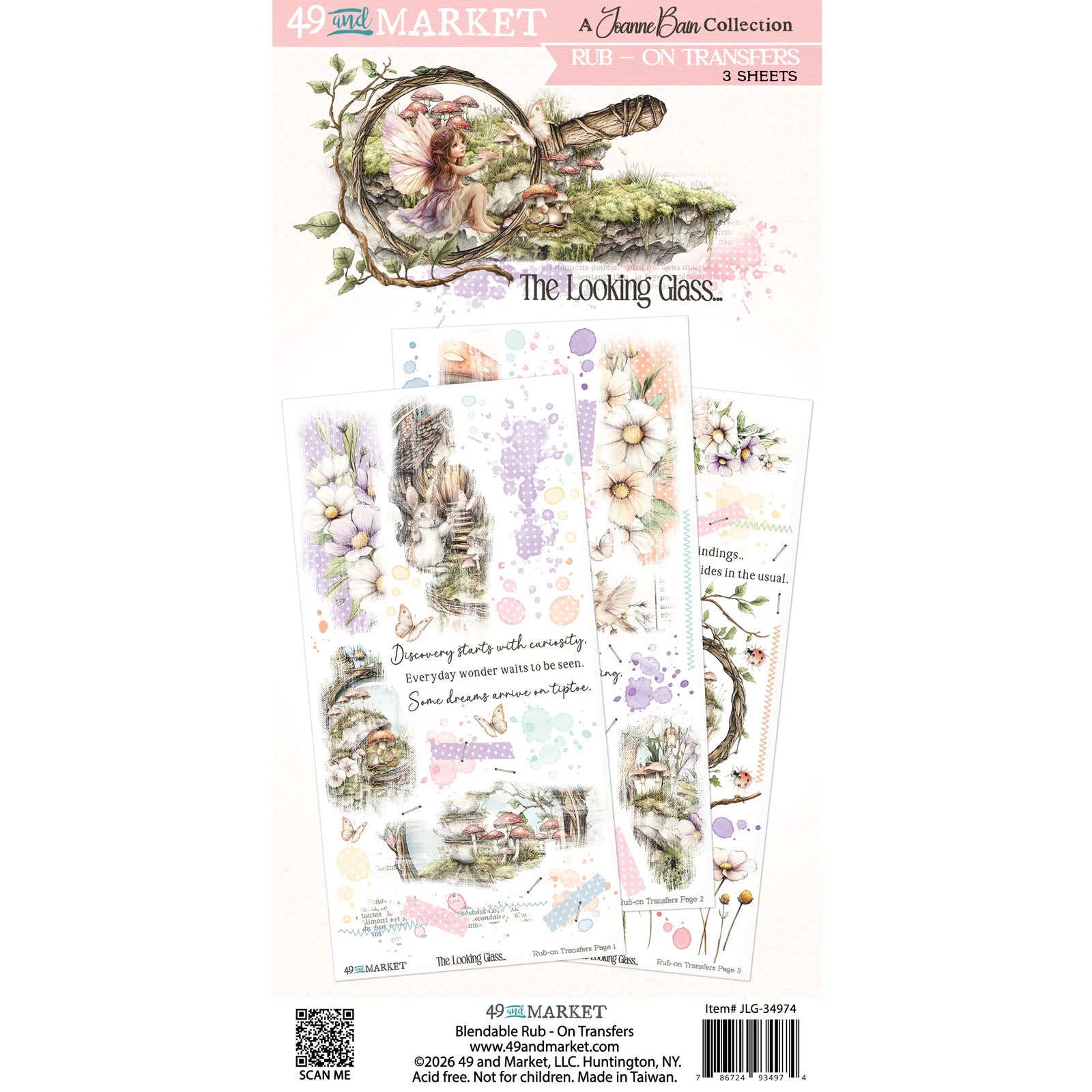 Packaging of 49 and Market paper pack titled 'The Looking Glass' with illustrations and text.
