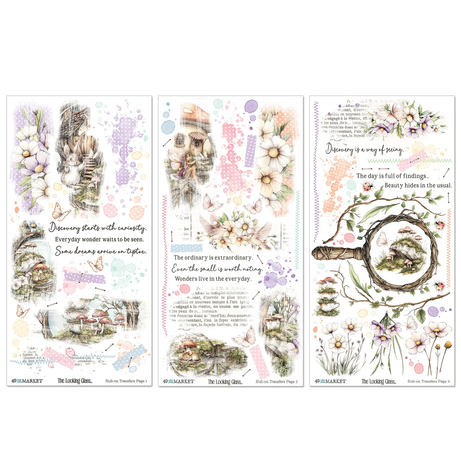 Three illustrated cards with nature-themed designs and text on a white background