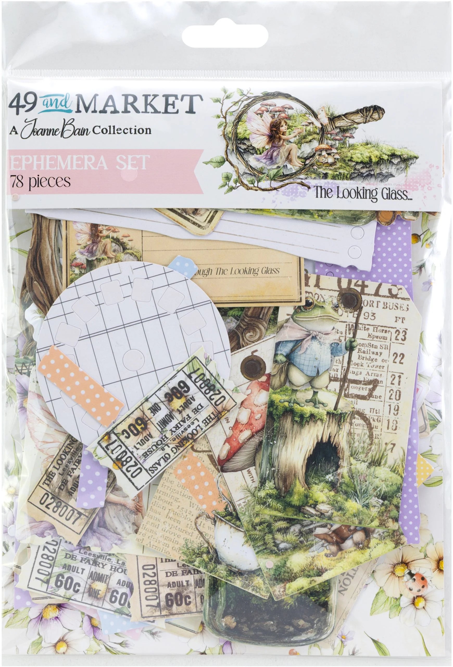 Packaging of 49 and Market ephemera set with illustrated designs and text.