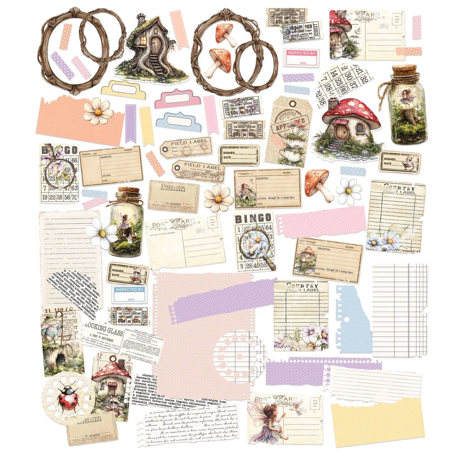 Collection of vintage-style paper elements with fairy houses, jars, and labels on a white background.