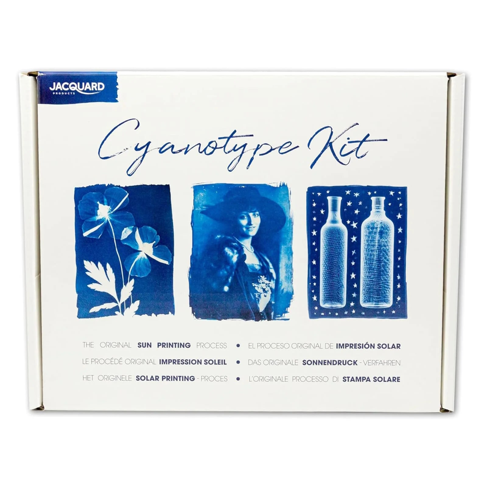 Jacquard Sun Printing Cyanotype Kit in a white cardboard box with blue printed illustrations and text.