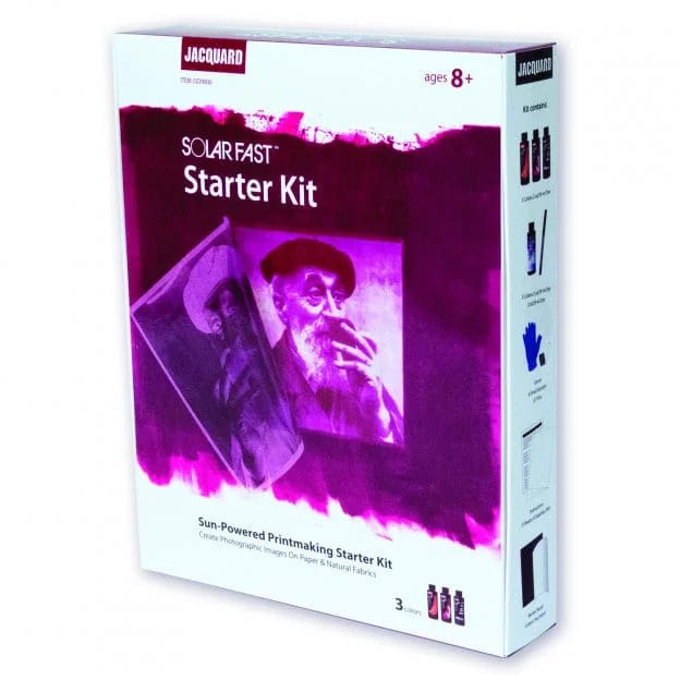 Jacquard SolarFast Starter Kit in a white box with prominent purple and magenta graphics, featuring the Jacquard brand logo and product title on a white background.