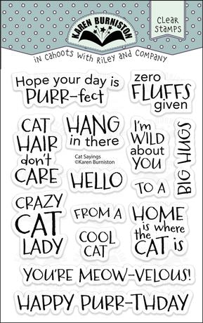 Clear stamps with various cat-themed phrases on a white background