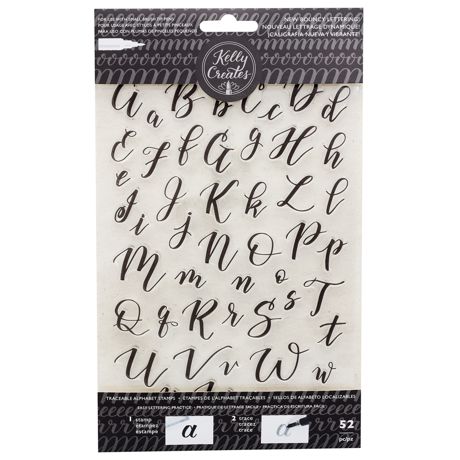 Packaging of Kelly Creates letter stamps with black script letters on a white background