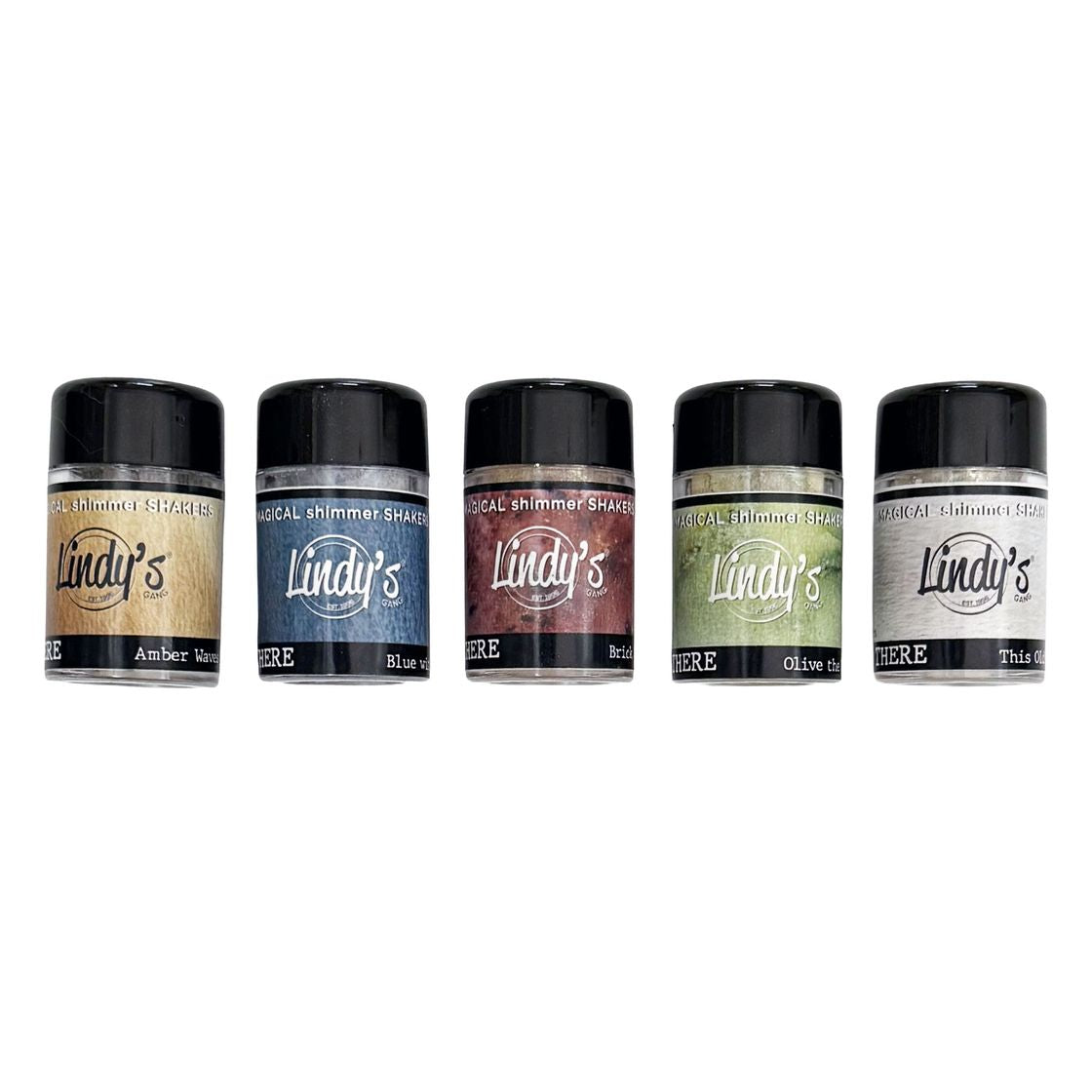 Five Lindy's Shimmer Shades containers on a white background