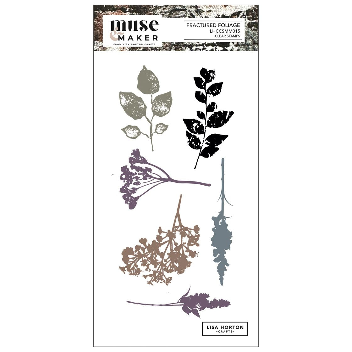 Packaging of Muse Maker stamps with leaf designs on a white background