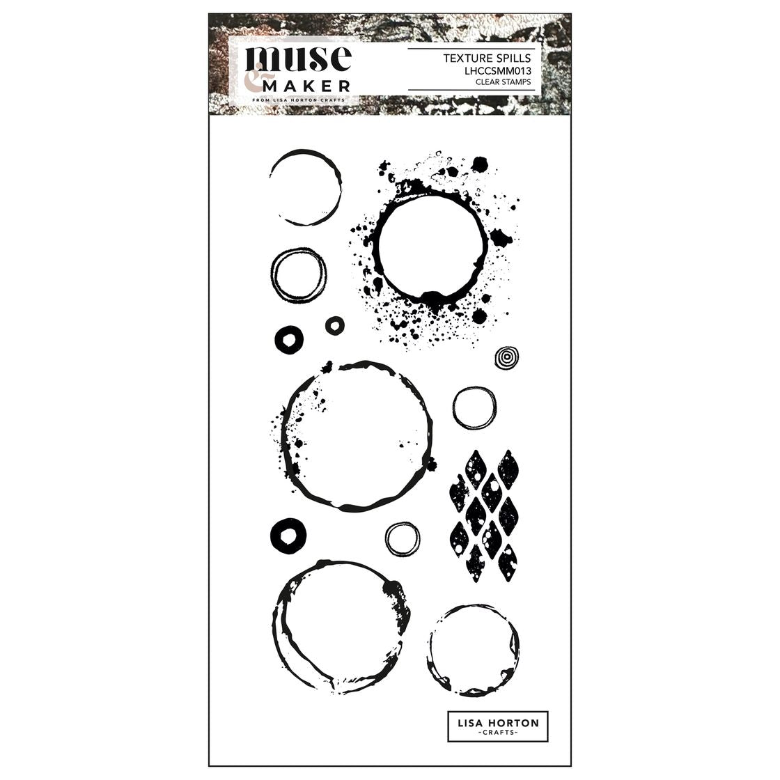 Clear stamp set with black circle and diamond designs on a white background, labeled 'Muse Maker' by Lisa Horton.