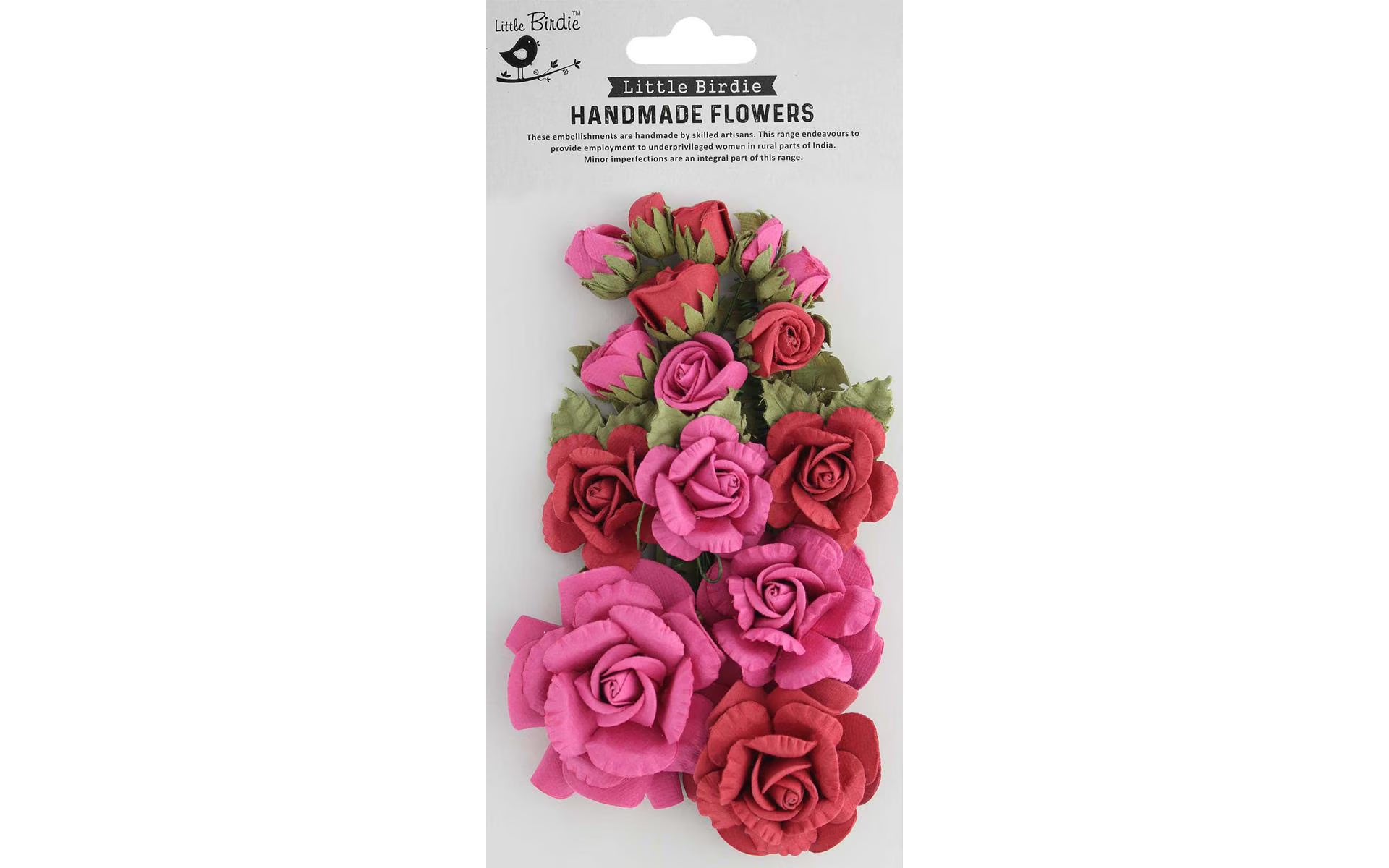 Packaged handmade flowers with pink and red roses on a white background