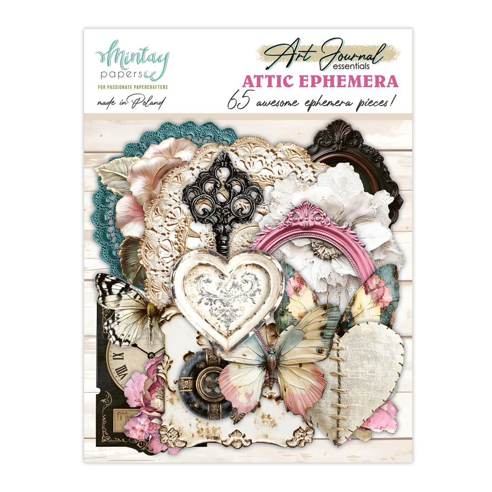 Frames, hearts, keys ephemera on a white background