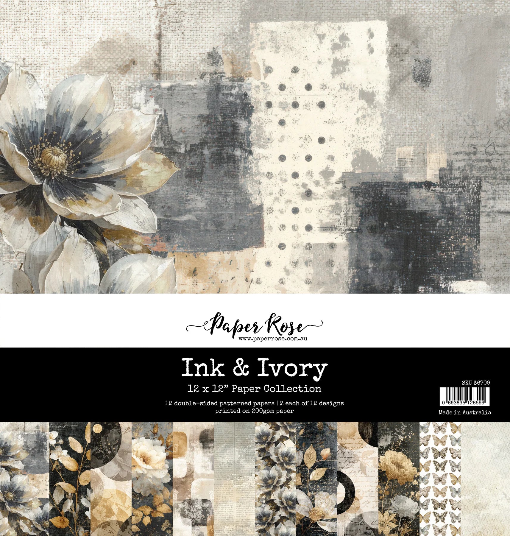 Packaging of Paper Rose Ink & Ivory paper collection with floral design and text.
