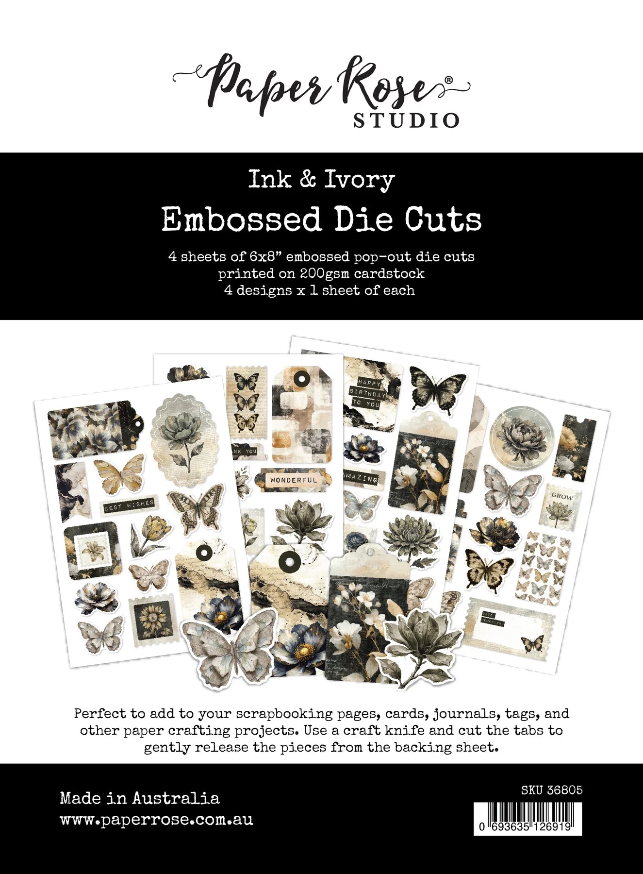 Packaging of Paper Rose Studio Ink & Ivory Embossed Die Cuts with product display.