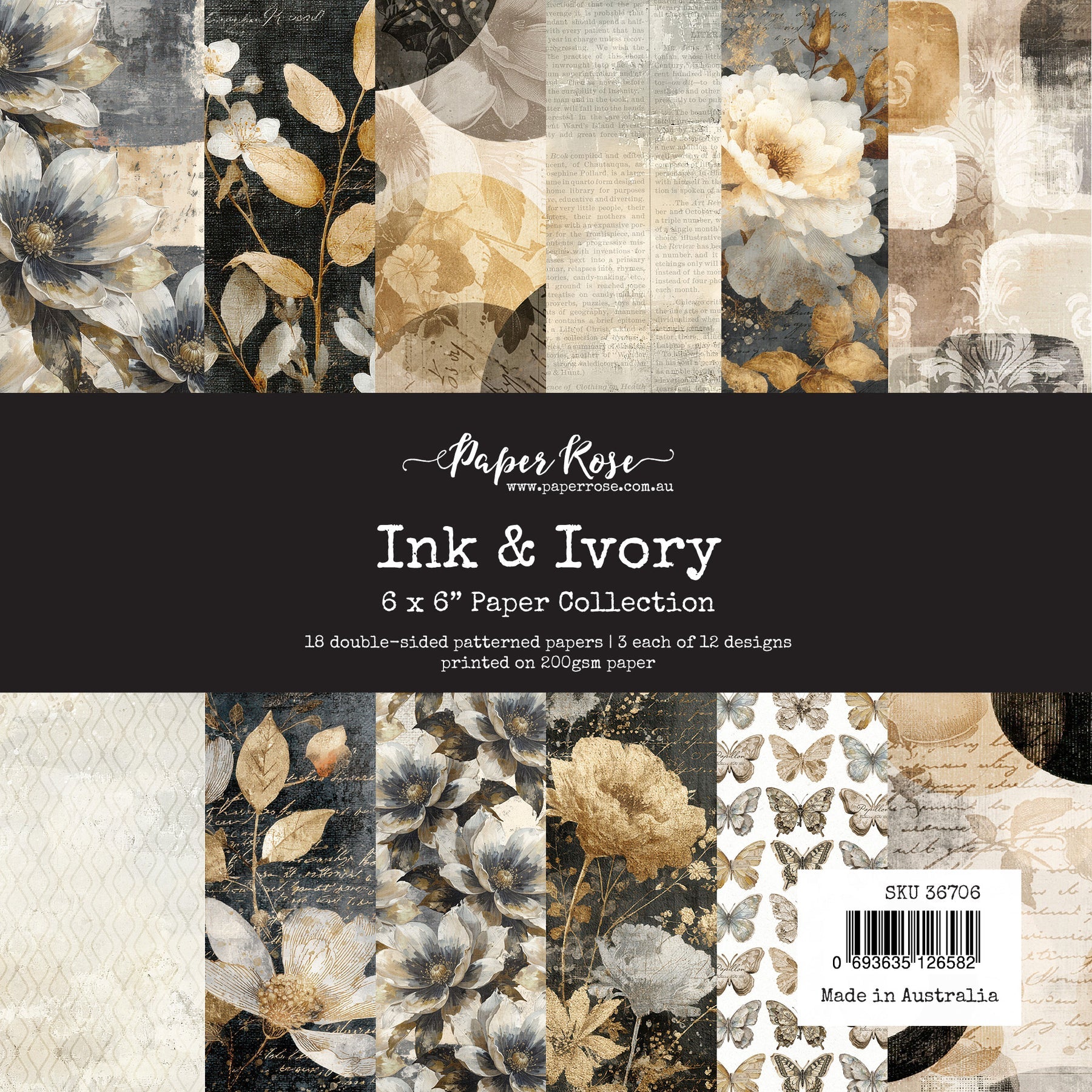 Collection of floral and nature-themed paper sheets with 'Paper Rose' branding.