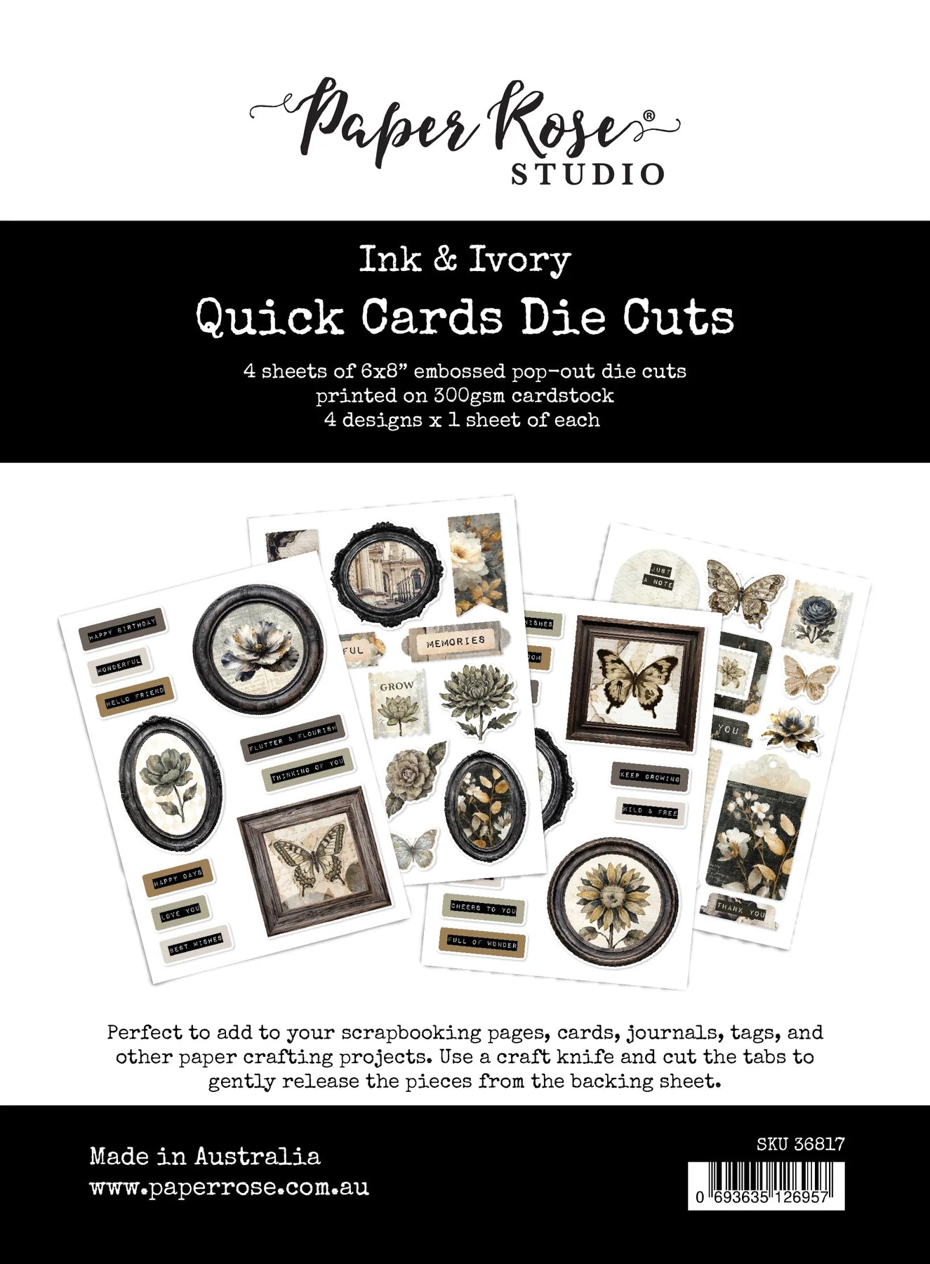 Paper Rose Studio Ink & Ivory Quick Cards Die Cuts packaging with die cut samples.