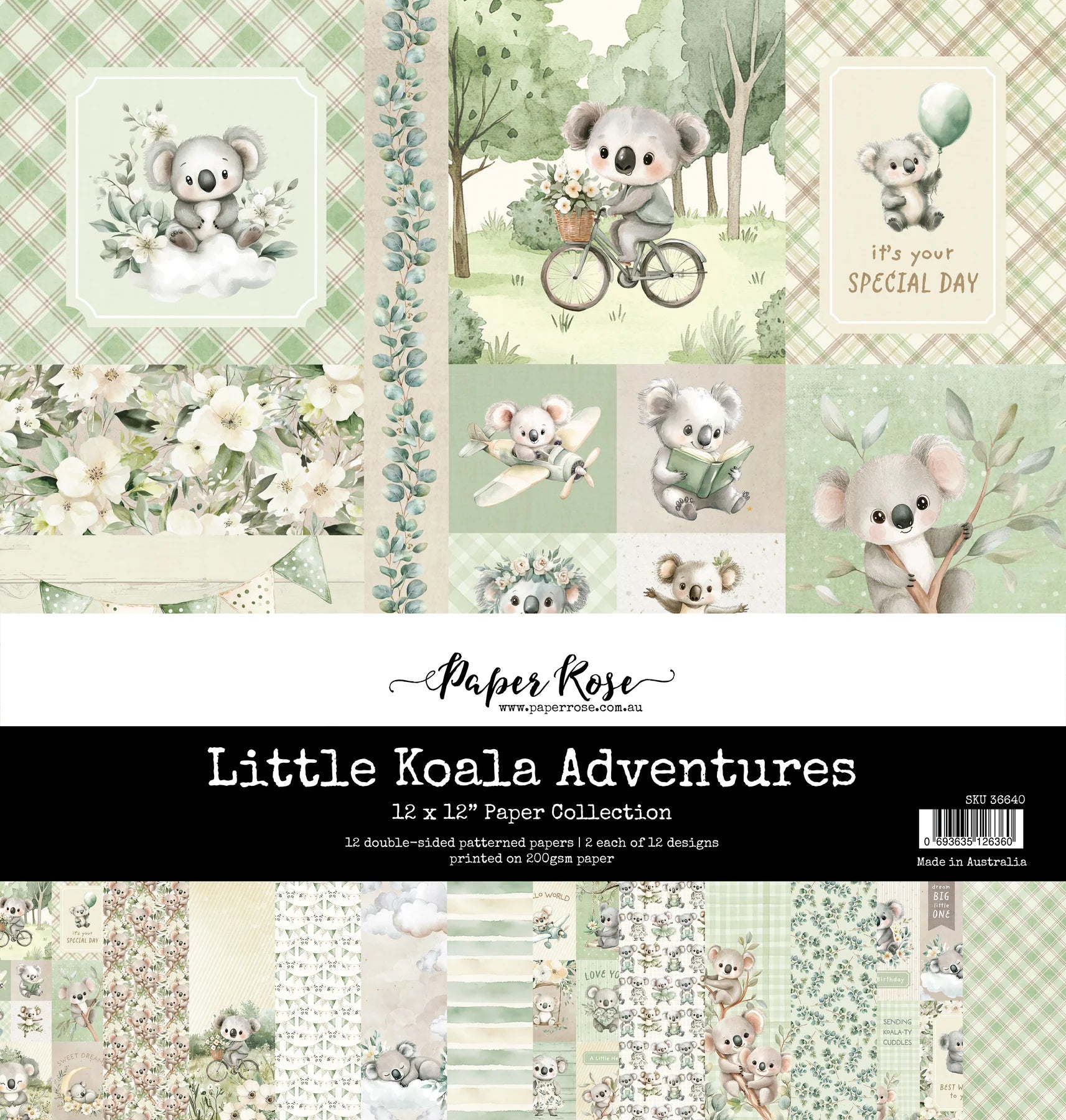 Collection of paper sheets featuring koala illustrations with a 'Paper Rose' branding.