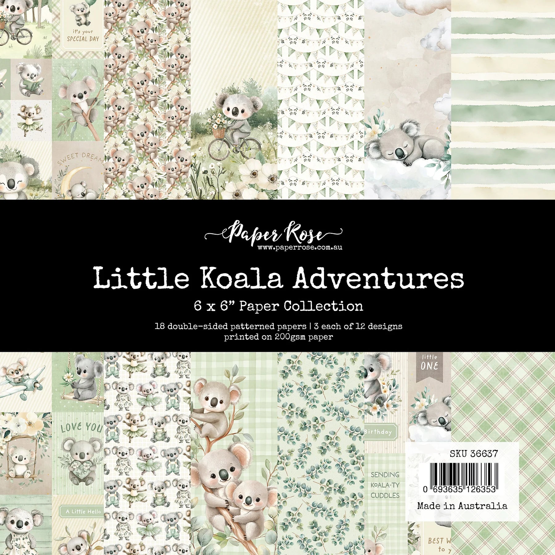 Collection of paper sheets with koala designs and patterns, branded 'Paper Rose'.