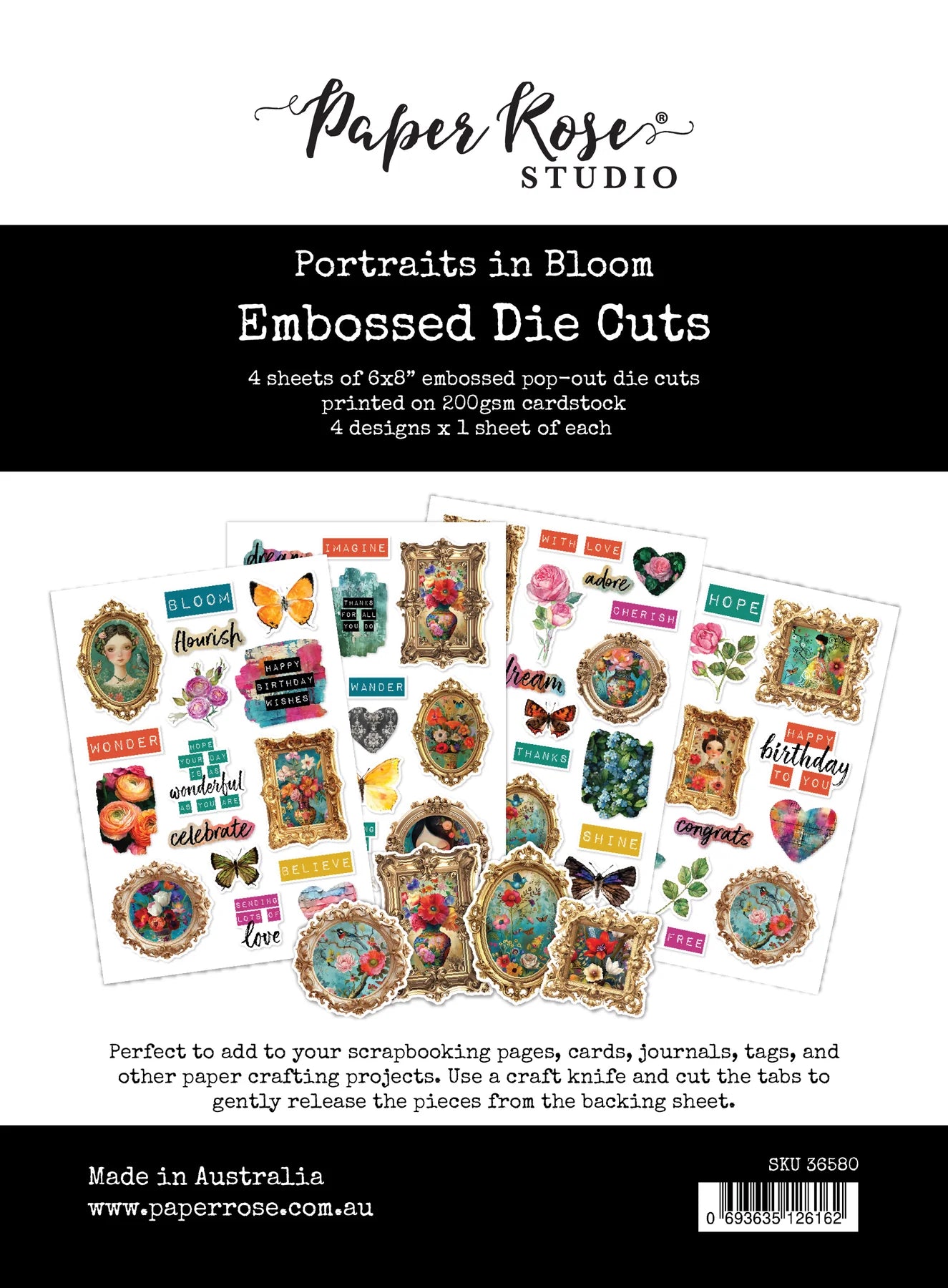 Packaging of Paper Rose Studio Framed Florals Embossed Die Cuts with product details.