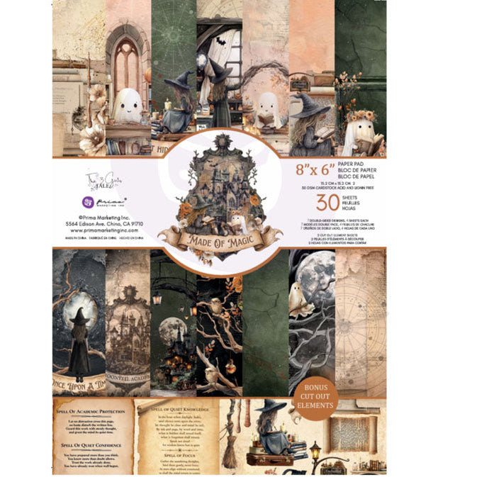 A sheet of scrapbooking paper from the brand Prima, featuring a collage of vintage, gothic, and whimsical illustrations in muted earthy tones. The sheet is wrapped in a white paper band with product details including '8" x 6"', '30 sheets', and 'Grim Grinning Ghosts'.