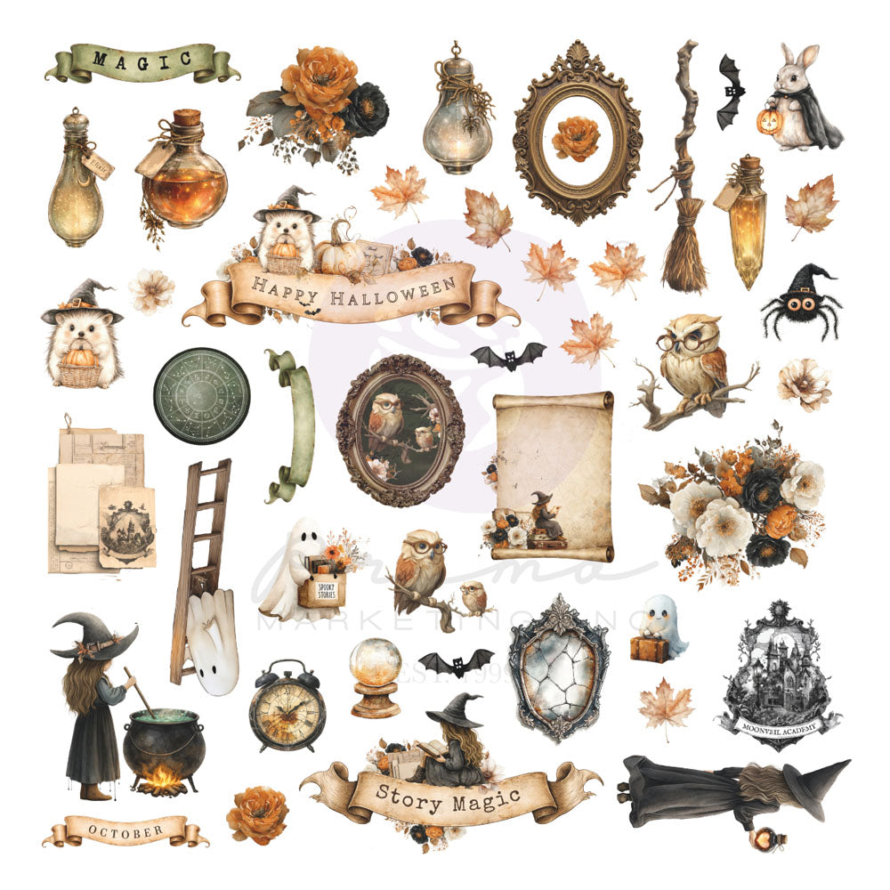 A sheet of Halloween-themed scrapbooking or sticker designs featuring vintage illustrations of pumpkins, owls, a witch, a cauldron, bats, a broom, flowers, scrolls, and autumn leaves on a white background.
