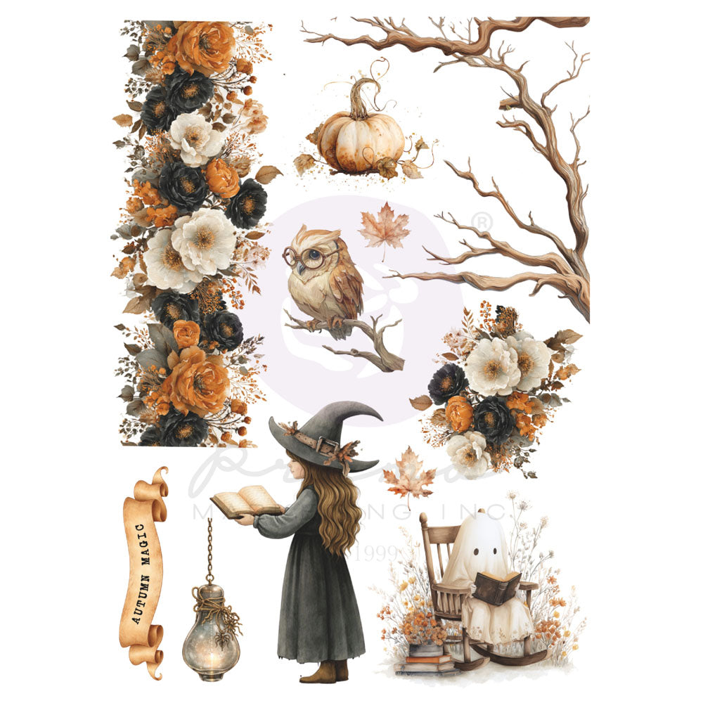 A sheet of autumn-themed watercolor illustrations featuring a witch reading, an owl with glasses, pumpkins, flowers, leaves, a branch, a lantern, and a ghost in a rocking chair, all on a white background.