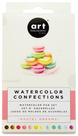 Packaging of Art Philosophy Watercolor Confections set with colorful macaron illustration.