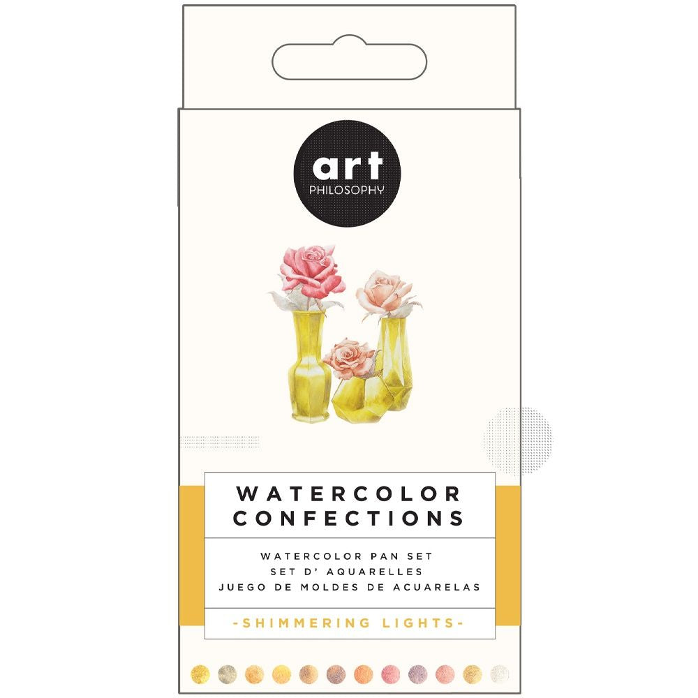 Packaging of Art Philosophy Watercolor Confections with floral design and color swatches.