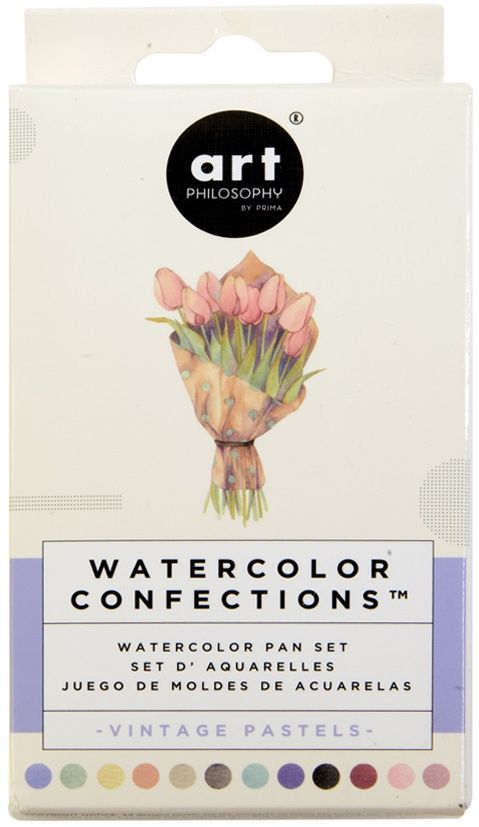 Art Philosophy Watercolor Confections packaging with watercolor illustration of flowers and color swatches.