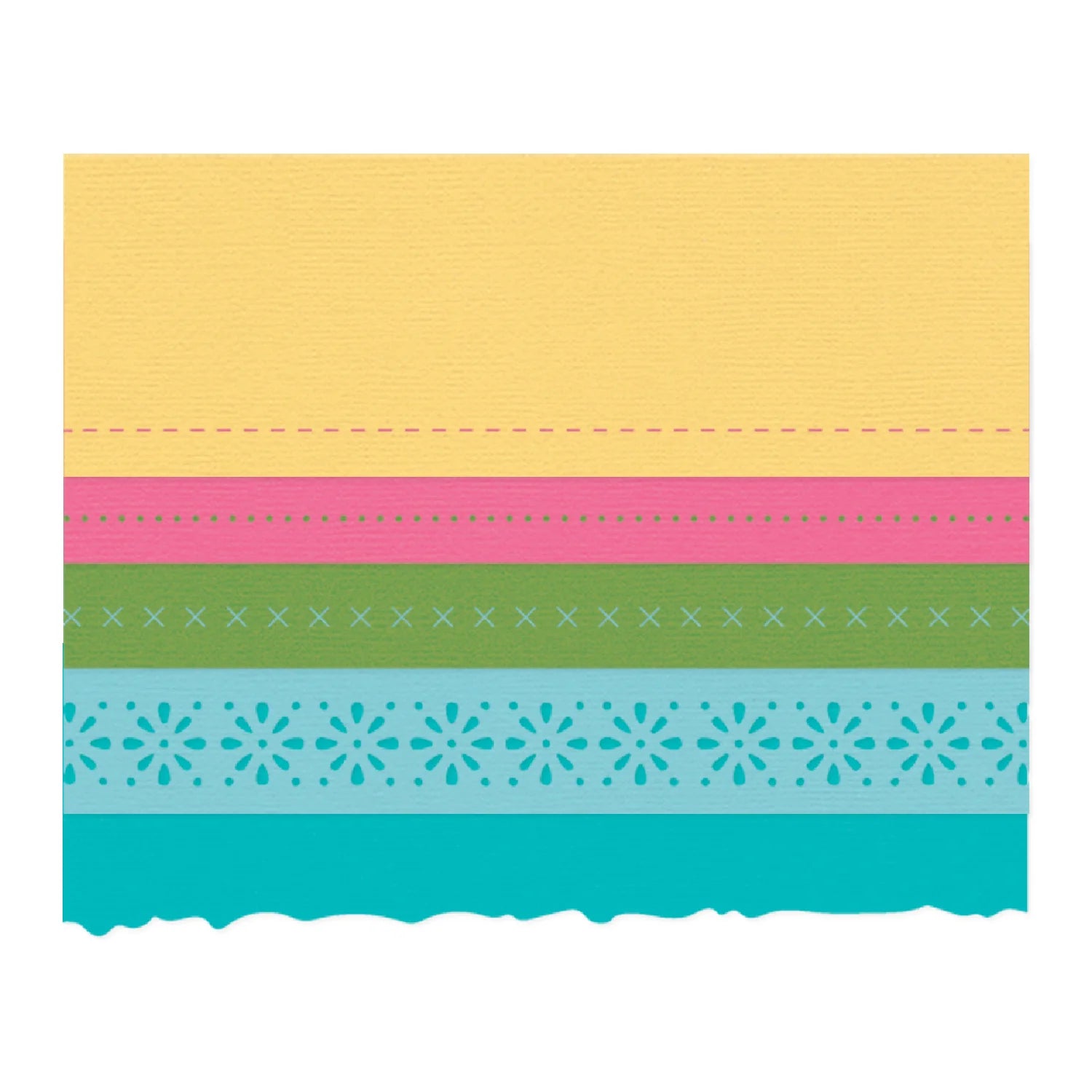 A stack of colorful patterned paper strips on a white background, showing yellow, pink, green, and turquoise bands with stitched and dotted decorative patterns.