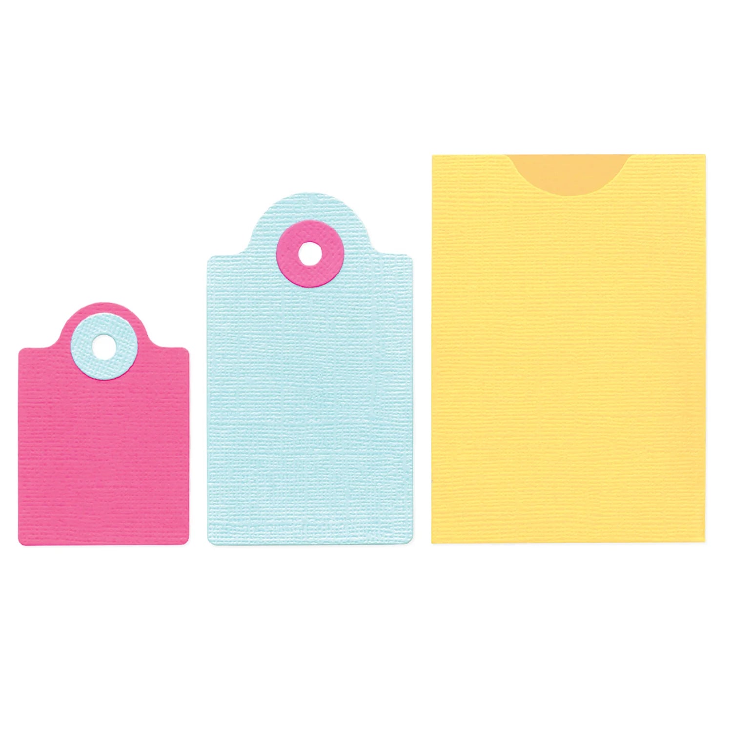 Three textured paper gift tags or envelopes in pink, light blue, and yellow, arranged side by side on a plain white background.