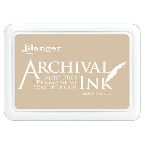 Ranger Archival Ink pad for sand castle color on a beige background