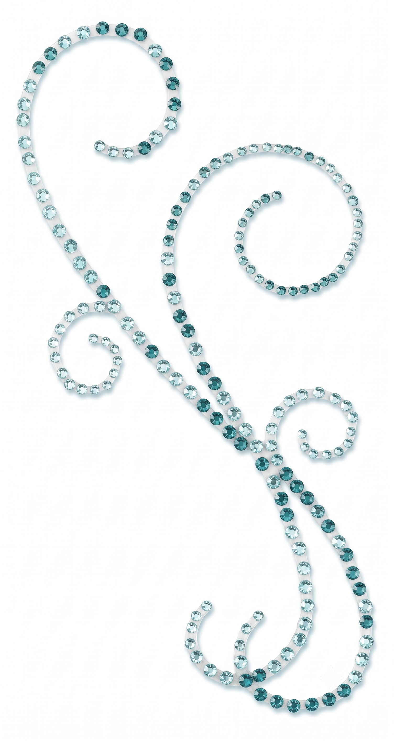 A decorative scroll-shaped embellishment made of small round rhinestones in alternating shades of light silver and deep teal blue, set against a plain white background.