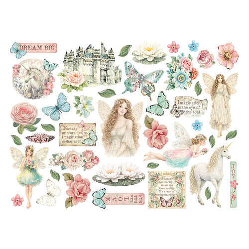 Collection of decorative stickers with fairies, unicorns, flowers, and castle on a white background