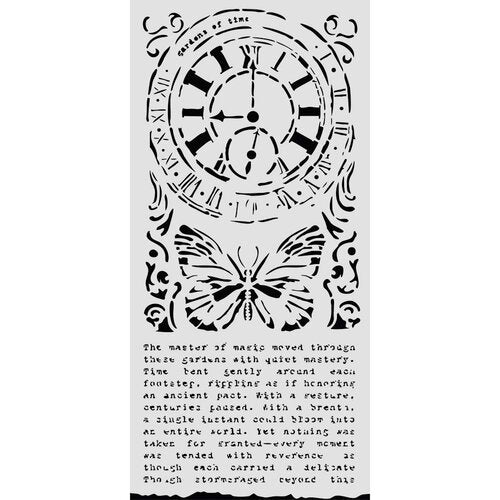 Stamperia Stencil 12x25cm - Gardens of Time - Clock and Butterfly