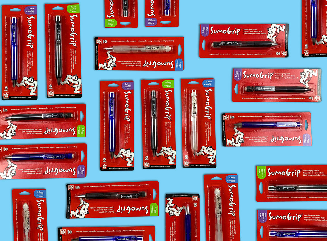 Multiple packaged Sumo grip ballpoint pens in red blister packaging, arranged in a repeating pattern on a light blue background.