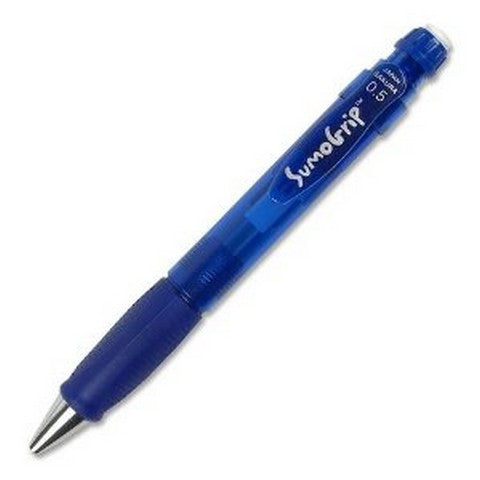 A blue SumoGrip retractable ballpoint pen with a textured grip and silver metal tip, shown diagonally on a plain white background.