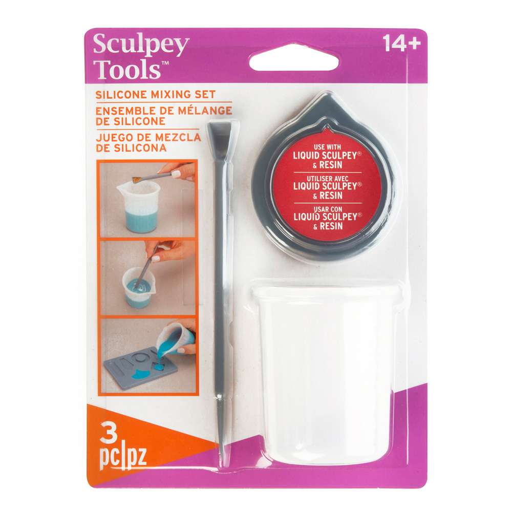 Sculpey Tools packaging with silicone mixing set, tool, and container on a white background.