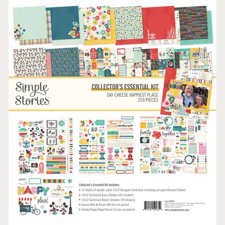 Simple Stories collector's essential kit with various design elements on a white background