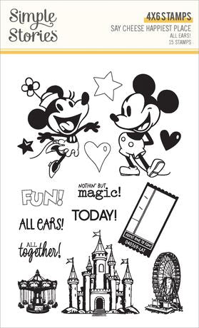 Clear stamps with black ink images of Mickey Mouse, Minnie Mouse, and various elements like stars, hearts, and a castle.