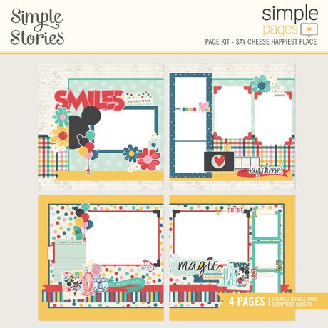 Simple Stories page kit with colorful layouts and text on a white background