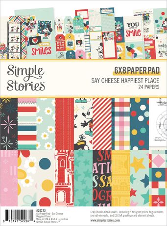 Collection of colorful paper sheets with various designs and text, branded as Simple Stories.