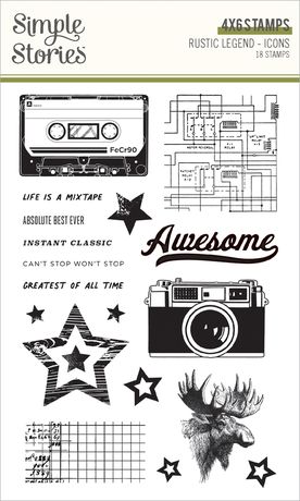 Set of clear stamps with various designs including a cassette tape, camera, and stars on a white background.