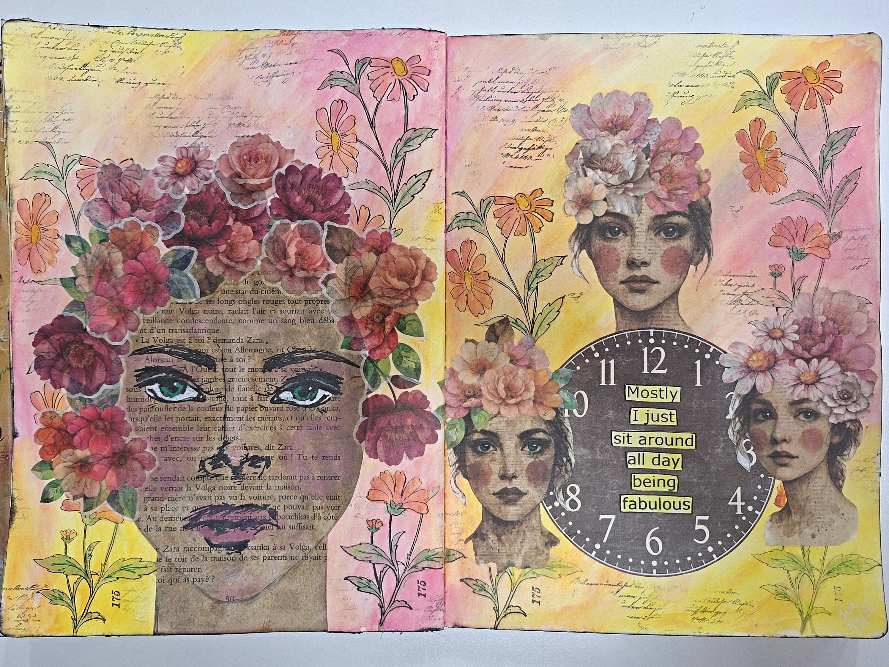 Artistic Art Journal Pages with floral designs and a clock on a white background