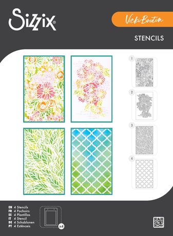 Sizzix stencils with floral and geometric designs on a black background