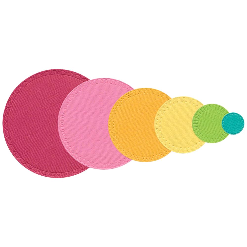 “Sizzix Thinlits Die Set by Catherine Pooler – Border Party Circles, featuring 6 nesting circle dies for layered backgrounds, borders, and accents.”