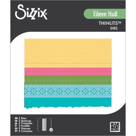 Sizzix Eileen Hull Thinlits Dies packaging with colorful strip design on a white background