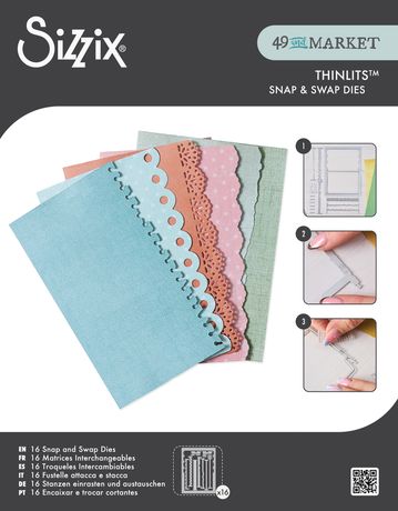 Sizzix Thinlits Snap & Swap Dies packaging with die-cut pieces and usage instructions.