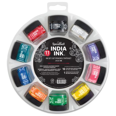 Set of India Ink in various colors in a circular packaging on a white background